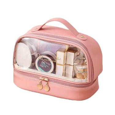 Imagem de Necessaire Bolsa Porta Maquiagem Transparente Make Organizador Dobrável Divisória Cosméticos Feminina Organizadora Repartições Portátil (Rosa)