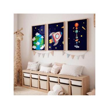 Imagem de Kit 3 Quadros Infantil Espaço Universo Sistema Solar Planetas Foguete 