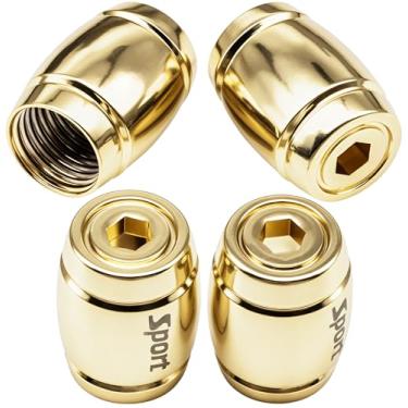 Imagem de MEAJOO Tampas de haste de válvula de pneu esportivo antirroubo, 4 peças, tampas de válvula de pneu de cilindro elíptico universal de aço inoxidável com vedação de borracha de anel O apto para carros, caminhões, motocicletas, bicicletas (ouro)