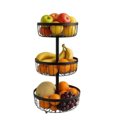 Imagem de Fruteira de Metal Aramado com 3 Andares Cestos Redondos uso na Mesa, Bancada ou Chão, para Frutas, Legumes ou Utensílios, Organizador de Cozinha, 49 cm de altura.