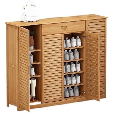 Imagem de TLTDSMY Armário organizador de sapatos de bambu com gaveta e porta de obturador comporta 23 28 pares de cor marrom ideal para sala de estar entrada corredor