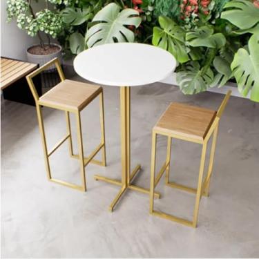 Imagem de Jogo Mesa Alta Bistrô Redonda Branca 2 Banquetas Pinus Confort Industrial Dourado
