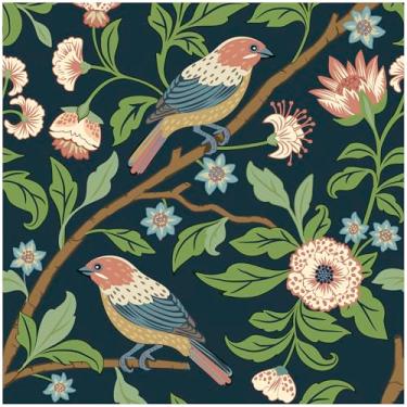 Imagem de HAOKHOME Papel de parede vintage descasque e cole papel de parede floral pássaros da floresta azul marinho/verde/marrom papel de contato para decoração de banheiro 44 cm x 3 m