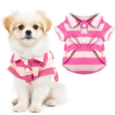 Imagem de Camisa polo para cães, gola listrada, roupas de verão, abotoadas, roupas para animais de estimação para cães pequenos, médios, gatos, para meninos e meninas, animais de estimação (rosa, grande)