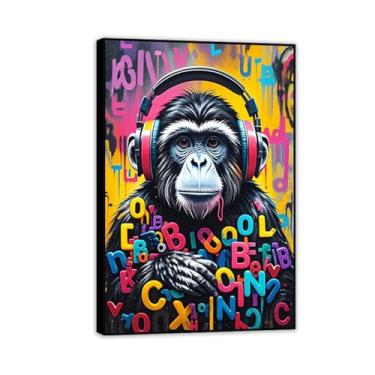 Imagem de Banksy Wall Art Prints Monkey Graffiti DJ Monkey Gorilla Chimp Animal Canvas Art para sala de estar escritório decoração de parede emoldurada pronta para pendurar decoração de quarto para homens 60 x