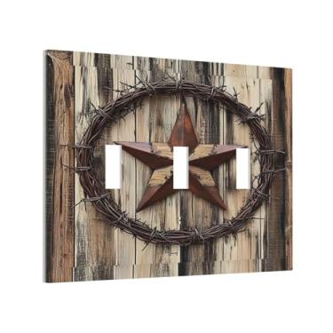 Imagem de Xuejiaku Placa de cobertura de interruptor de luz rústica estrela caubói ocidental madeira textura 3 gangues placa de parede placa de interruptor de luz tripla interruptor decorativo capas de tomada