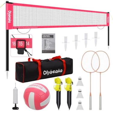 Imagem de Olybeaka Conjunto De Rede Combinada Vôlei E Badminton 20 Pés Para Uso Externo, Praia No Quintal, Com Postes Ajustáveis, Anti-Flacidez Durável, Poliuretano, 2 Raquetes Alumínio, Bolsa Transporte Fáci