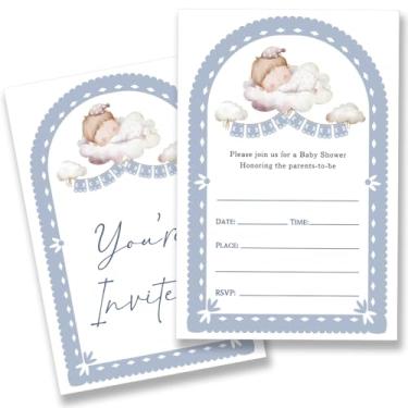 Imagem de QZJ Conjunto de 20 convites de festa de chá de bebê para meninos com envelopes, preenchimento em branco, dupla face