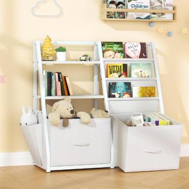 Imagem de Yaciente Estante infantil de 3 níveis e organizador de armazenamento de brinquedos, estante infantil 2 em 1 com design de alça e caixas de brinquedo para fácil acesso, estante de bebê Montessori para