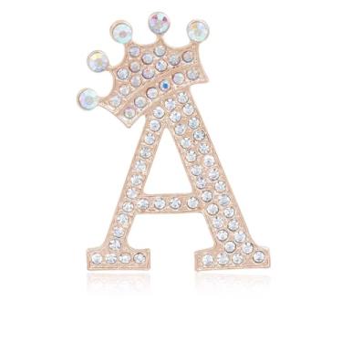 Imagem de Broche de letra inicial com coroa para mulheres, meninas, homens, meninos, broches de nome personalizado, artesanato, broche, colorido, strass, broche, ouro, A-Z, Zircônia cúbica