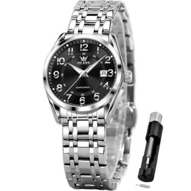 Imagem de OLEVS Relógios femininos clássicos, de quartzo, relógio de pulso feminino, aço inoxidável, à prova d'água, luminoso, data, fácil leitura, para mulheres, Relógio feminino preto prateado, relógio