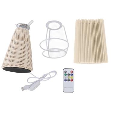 Imagem de Lâmpada de mesa plissada Rattan Base Controle remoto Modern Bege Taber Shade Sombra da cabeceira para o quarto Sala Decoração do escritório da casa Decoração de brilho ajustável
