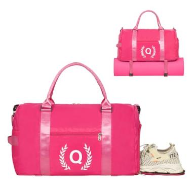 Imagem de Bolsa de ginástica para mulheres, bolsa esportiva personalizada com compartimento para sapatos, bolsa esportiva para ioga e dança com bolso molhado e alça de tapete., Rosa choque, Q