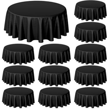 Imagem de Buryeah 12 peças de toalha de mesa redonda preta descartável de plástico 84 polegadas capa de mesa redonda impermeável para casamento, festa de aniversário, revelação de gênero, chá de bebê