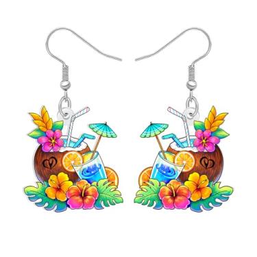 Imagem de BONSNY Brincos pendentes de praia tropical havaiana, festa de luau de verão com boia de caranguejo, prancha de surf, palmeira, bebida de coco, designs de anel de natação arco-íris de concha, pingente