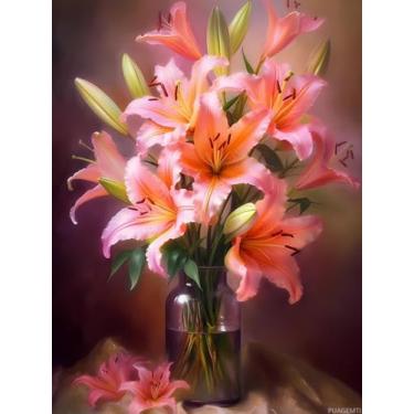 Imagem de PUAGEMTI Kit de pintura de diamante The Beautiful Pink Lilies Handmade Hobbyist Lily Flower Diamond Painting 5D Round Diamond Ponto cruz artesanato decoração de parede presentes 30,5 x 40,6 cm