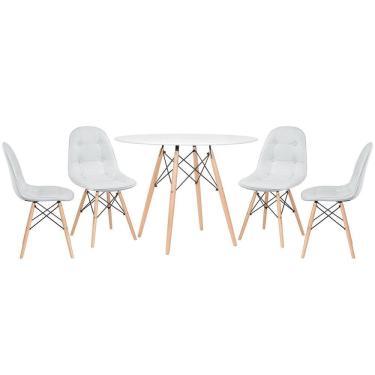 Imagem de Mesa Redonda Eames 100 Cm Branco + 4 Cadeiras Estofadas Eiffel Botonê Cinza Claro Cinza Claro