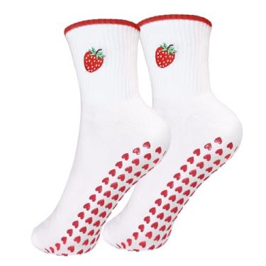 Imagem de wotemlur Meias femininas antiderrapantes para ioga com bordado de morango e pilates