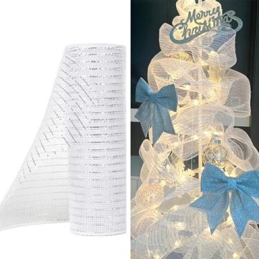 Imagem de Fita de malha de Natal 25,5 cm x 76 m Rolo de malha decorativa metálica com fio para grinaldas faça você mesmo, decorações de árvore de Natal, embrulho de festa, suprimentos de artesanato branco