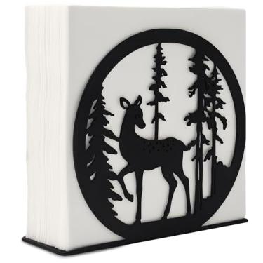 Imagem de KIROYAL Suporte de guardanapo Sika Deer Design para mesa, dispensador de guardanapos de metal para guardanapos de papel de 12,7 cm, armazenamento de guardanapos de metal preto para cozinha, sala de