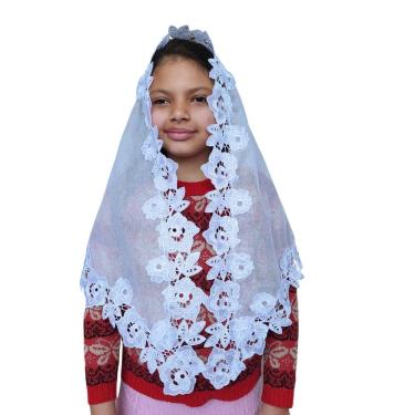 Imagem de Véu CCB  Infantil  Renda Larga Flores 4 A 8 Anos