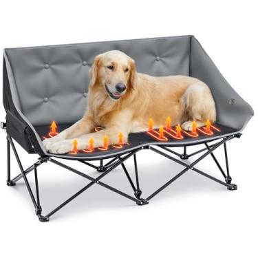 Imagem de CroBlissful Cama de cachorro aquecida ao ar livre para acampamento com dois assentos, cama grande para cachorro para uso externo com aquecimento de assento, sofá dobrável aquecido para filhotes de