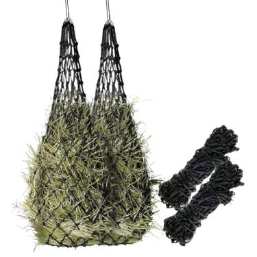 Imagem de LYIYEYAN Sacos de feno com 2 x 2 furos redes de feno fáceis de usar alimentador de feno portátil redes de feno redutoras de nylon para redução de desperdício alimentador de feno de alimentação lenta