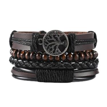 Imagem de Pulseira de couro masculina feita à mão, pulseiras empilháveis de couro, multicamadas, preto, marrom, trançado, elástico, para mulheres, conjunto de joias punk, presentes, Medium, Couro, Sem Pedra