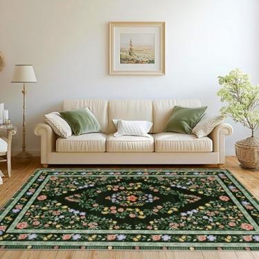 Imagem de Mightree Tapetes de área para sala de estar e quarto - 1,2 m x 1,8 m de lã sintética vintage tapete floral antiderrapante, tapete baixo de pelo baixo, resistente a manchas, tapete grande para casa