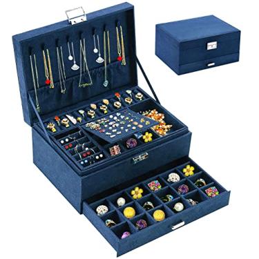 Imagem de Caixas de joias para mulheres, organizador de joias de veludo azul marinho com fecho, organizadores de joias para adolescentes e porta-brincos e colar, caixa organizadora feminina para colares