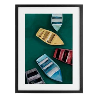 Imagem de Stupell Industries Impressão emoldurada em preto de barcos a remo à deriva colorida sob vidro, design de Hannah Dawson, 23 x 17