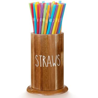 Imagem de LemonRoad Suporte de canudo dispensador de palha de madeira de acácia para balcão, organizador de utensílios grandes para cozinha, talheres e espátula, organizador de armazenamento para café, bar