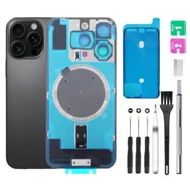 Imagem de Substituição de vidro da tampa traseira traseira para iPhone 16 Pro Max vidro traseiro + lente da câmera + ímã + suporte de peça de ferro com kit de ferramentas de reparo (preto)