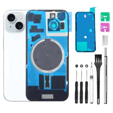 Imagem de Substituição de vidro da tampa traseira traseira para iPhone 15 + lente da câmera + ímã + suporte de peça de ferro com kit de ferramentas de reparo (branco)