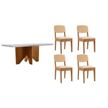 Imagem de Conjunto Sala de Jantar Nevada c/ Tampo Madeirado c/ Vidro Canto Curvo 120x80cm e 4 Cadeiras Havana Premium Naturale/Off White - Capuccino/Suede Creme