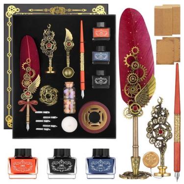 Imagem de Conjunto de caligrafia GrnVibe Feather Quill Pen Ink Wax Seal