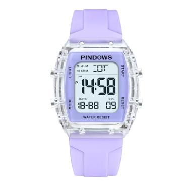 Imagem de PINDOWS Relógio esportivo digital feminino, caixa transparente transparente, luz LED brilhante, resistente à água de 5 ATM, cronômetro, alarme de tempo duplo, relógio elegante para mulheres e