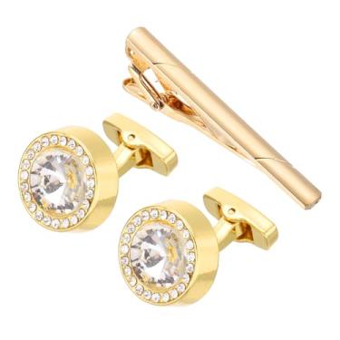 Imagem de PATIKIL Conjunto de abotoaduras de cristal e prendedor de gravata, abotoaduras masculinas de strass redondo e clipes de gravata com caixa para homens, Tom dourado (branco), tamanho �nico