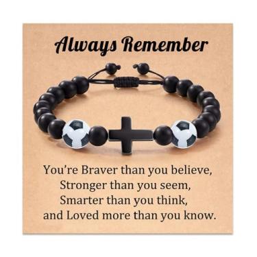 Imagem de Pulseira masculina com cruz para meninos adolescentes, futebol, beisebol, basquete, futebol, esportes, bola com contas, pulseira preta, aniversário, Natal, presente para jogador, filho, neto, amigos