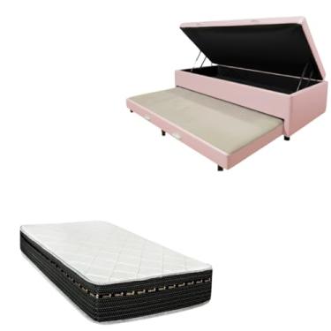 Imagem de Cama Box Baú Solteiro com Auxiliar (Bicama) + Colchão Eagle Molas Bonnel 22cm | Kit Completo com Cabeceira Botonê Opcional | Diversas Cores (2, CORINO ROSA, SEM CABECEIRA)