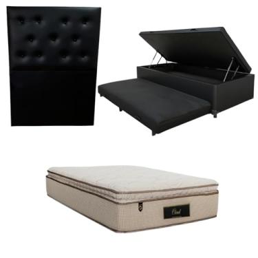 Imagem de Cama Box Baú Solteiro com Auxiliar (Bicama) + Colchão Cloud Molas Ensacadas C/Pillowtop 32cm | Kit Completo com Cabeceira Botonê Opcional | Diversas Cores (3, CORINO PRETO, COM CABECEIRA)