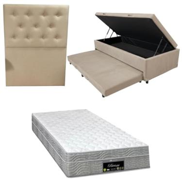Imagem de Cama Box Baú Solteiro com Auxiliar (Bicama) + Colchão RivIera Molas Ensacadas 25cm | Kit Completo com Cabeceira Botonê Opcional | Diversas Cores (3, SUEDE BEGE, COM CABECEIRA)