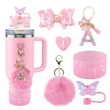 Imagem de Conjunto de 6 peças de acessórios de copo Stanley rosa - tampa de cobertura de palha de borboleta, laço brilhante para canudo, bota de silicone brilhante, pingente de letra e pompom para copos satnley