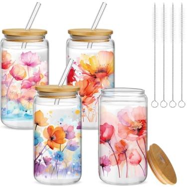 Imagem de Mumufy Presente para mulheres copo de vidro fofo copo flor gelado canecas de café 473 ml vidro com tampa de bambu e canudo, presente de aniversário de dia das mães para mãe irmã dama de honra chá de