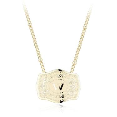 Imagem de Colar com pingente de letra inicial banhado a ouro 14K com fivela de cinto em relevo, compre 1 e ganhe 2 correntes, colar personalizado para homens e mulheres, 18 inches +2 inches extender, Liga de