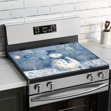 Imagem de BVBOX Capa superior de fogão de Natal para fogão elétrico 71.1 cm x 50.8 cm, capas superiores de fogão de vidro lavável decorativo protetor de fogão para cozinha doméstica (chapéu azul boneco de neve)