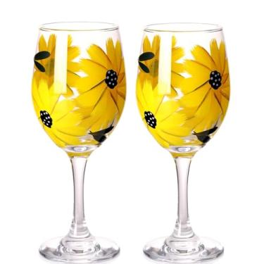 Imagem de Conjunto de 2 taças de vinho pintadas à mão - presentes de girassol para mulheres - 400 ml, presentes de Natal exclusivos para ela, mãe, esposa, amigos ou namorada (conjunto de copos com haste)