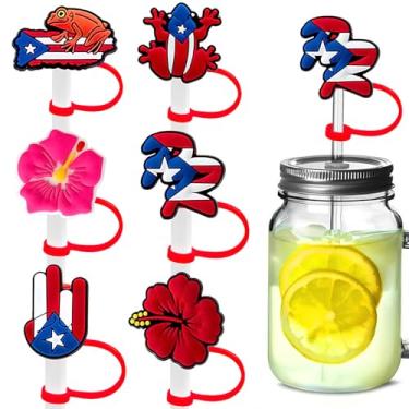 Imagem de 6 peças de tampas de palha de Porto Rico para copos, protetores de canudos engraçados de silicone PVC de 10 mm, à prova de poeira, reutilizável, sem BPA, ajuste ecológico para presentes de festa
