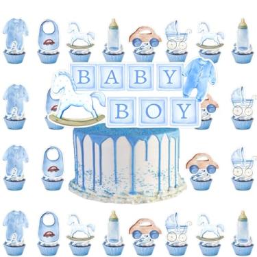 Imagem de Um Sweet Baby Cowboy está a caminho Toppers de cupcake, kit de bolo de fraldas para meninos chá de bebê decoração de chá de bebê com cartões de revelação de gênero, ráfia para decoração de mesa de