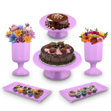 Imagem de Kit Festa Peças - Conjunto de Vaso, Boleira e Bandeja para Decoração de Festa e Mesa de Doces para Aniversário, Casamento e Chá de Bebê(LILAS CANDY 2)